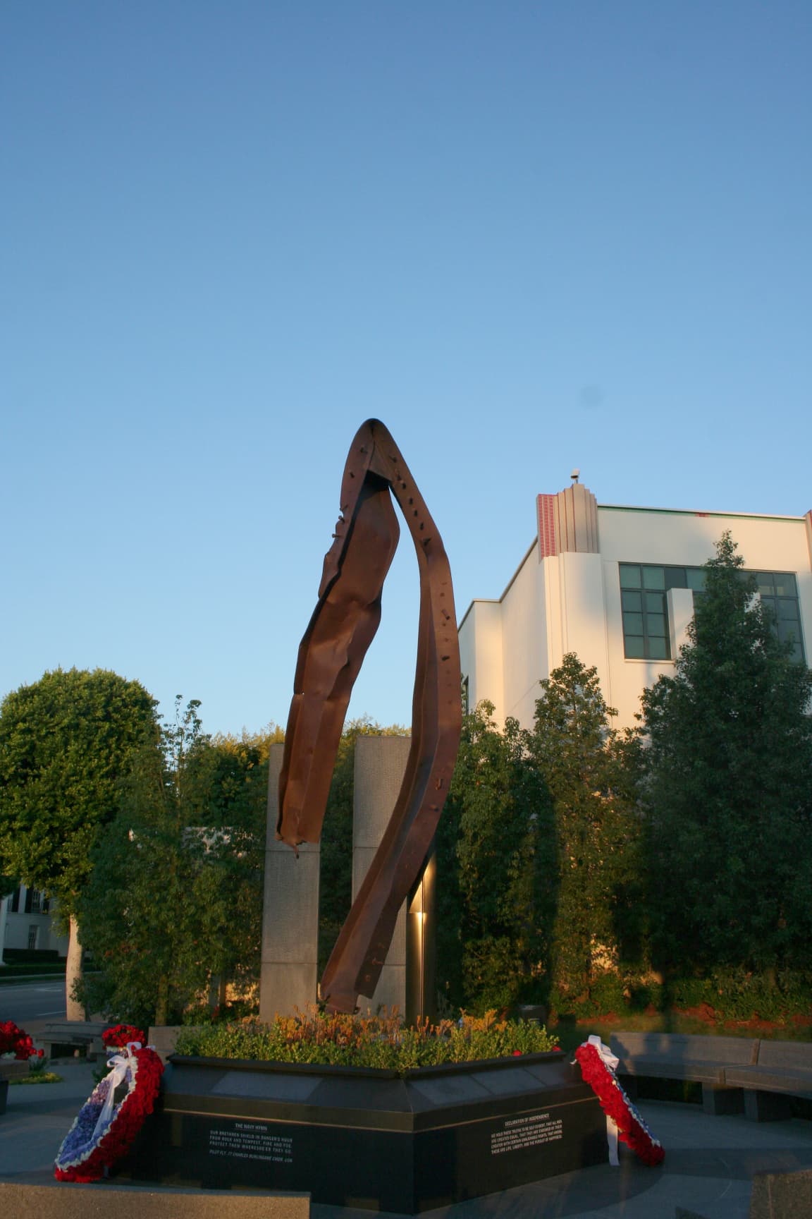 Wreath and memorial elements at the Beverly Hills 9/11 Memorial Garden